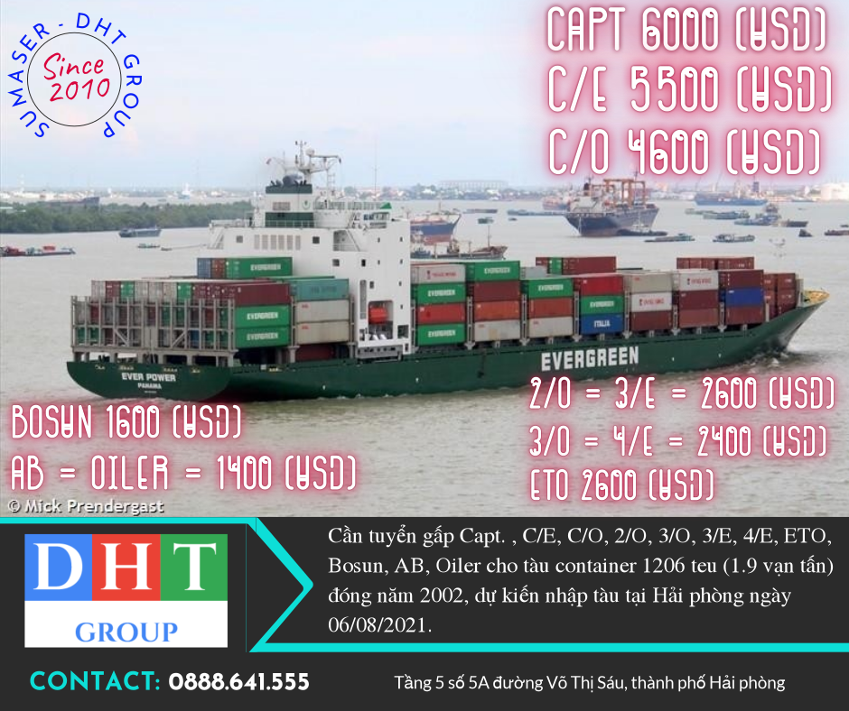 Tuyển thuyền viên cho container 1206 teu (1,9 vạn tấn) , nhập tàu tại Hải phòng ngày 06/10/2021
