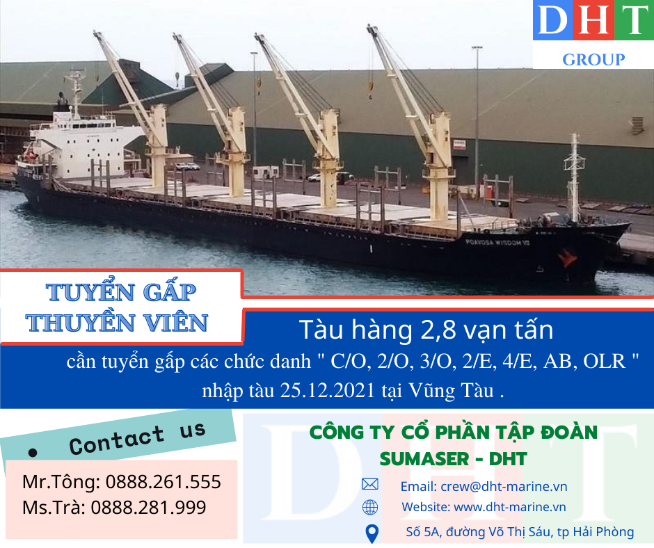 Tàu hàng 2,8 vạn tấn cần tuyển gấp 7 chức danh nhập tàu ngày 25/12/2021 tại Vũng Tàu.