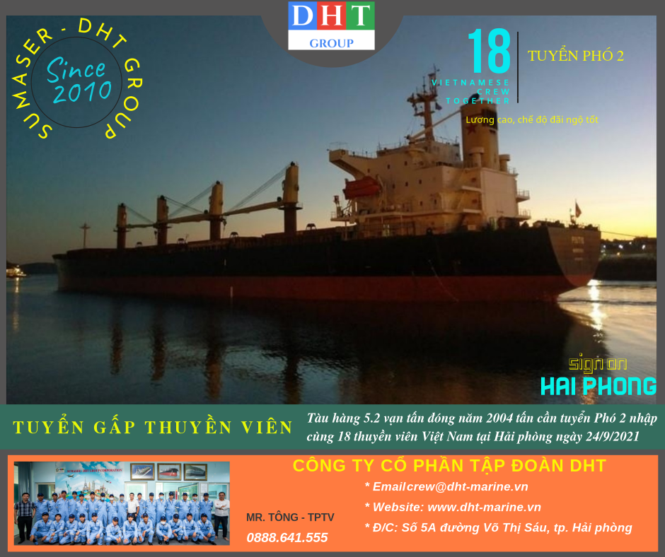 Tuyển gấp Phó 2 nhập cùng 18 thuyền viên Việt Nam tại Hải phòng.
