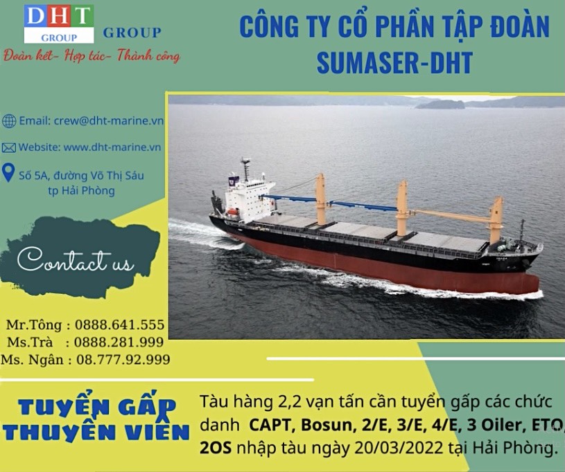 Tàu hàng 2,2 vạn tấn cần tuyển gấp 9 thuyền viên nhập tàu ngày 20/03/2022 tại Hải Phòng.